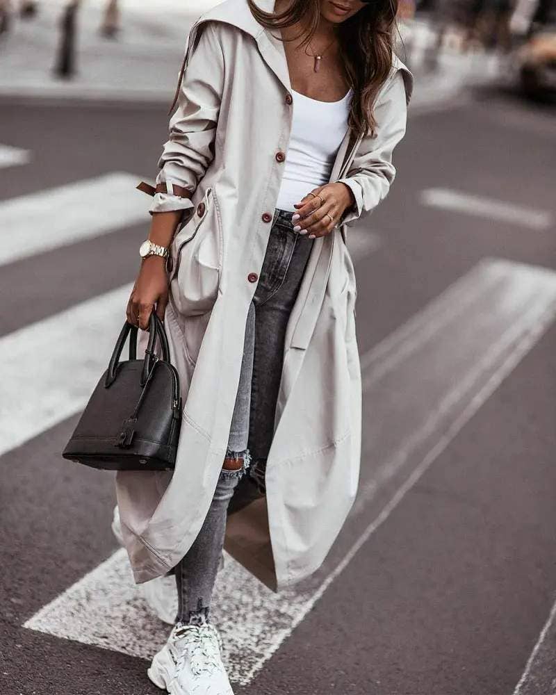 Breasted pocket design belted hem trench coat
