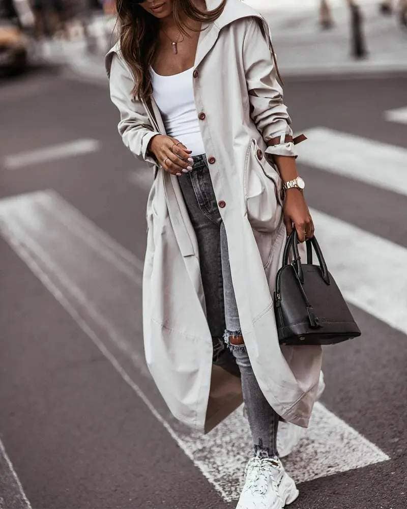 Breasted pocket design belted hem trench coat