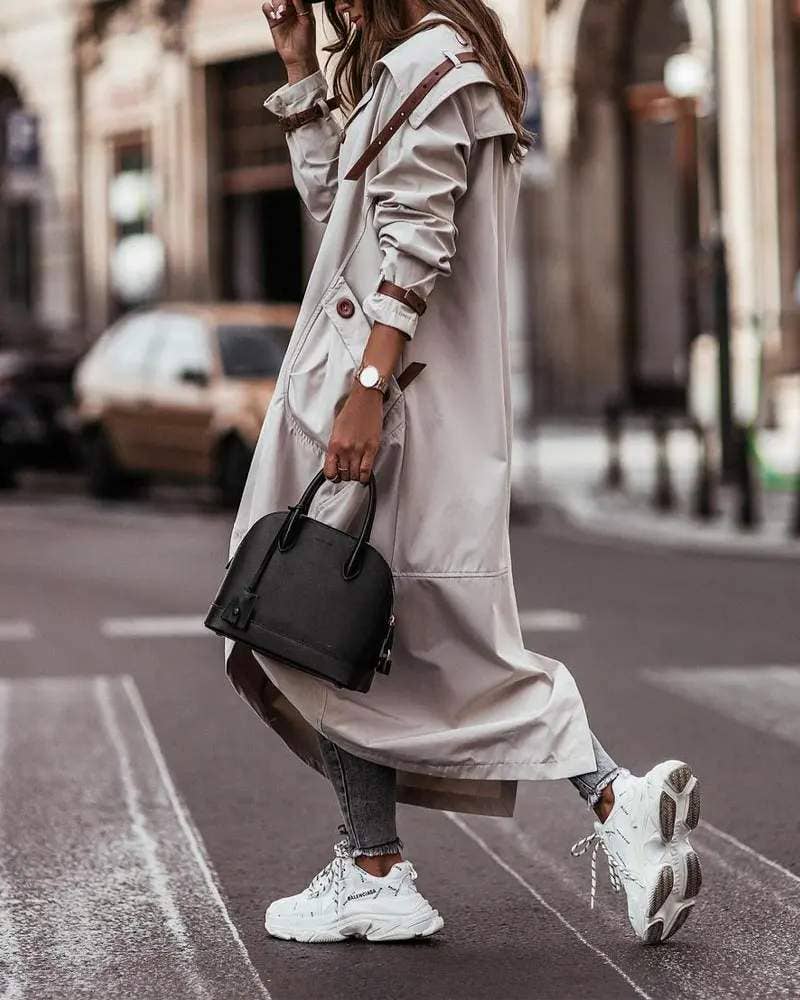 Breasted pocket design belted hem trench coat