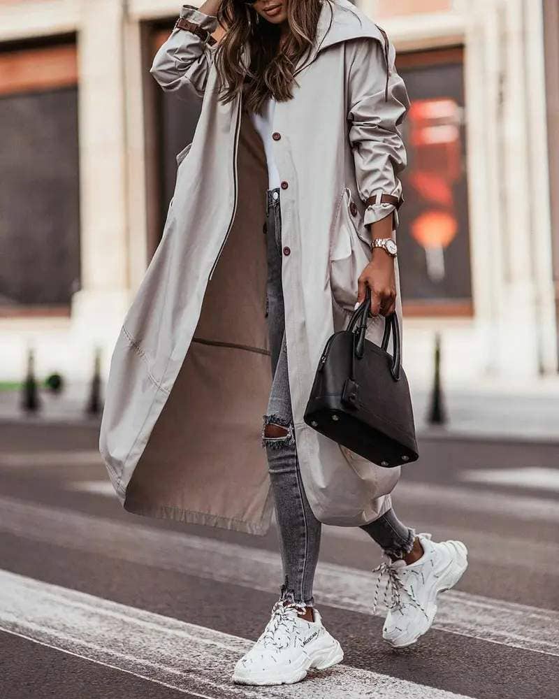 Breasted pocket design belted hem trench coat