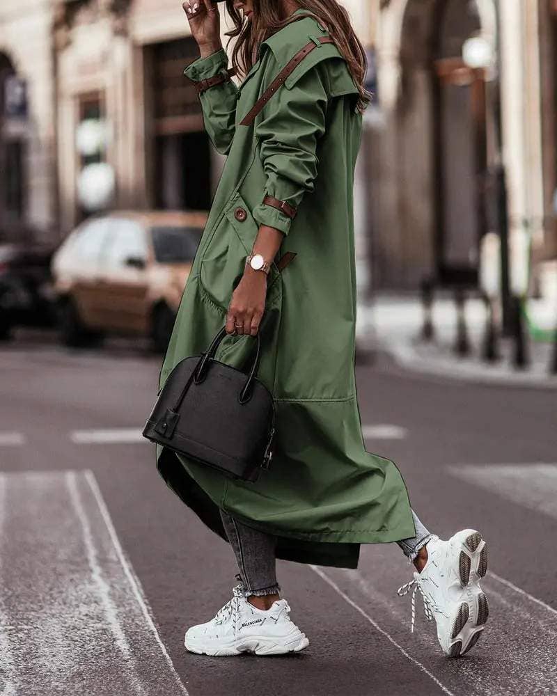 Breasted pocket design belted hem trench coat