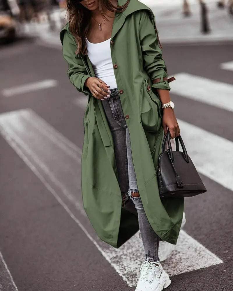 Breasted pocket design belted hem trench coat