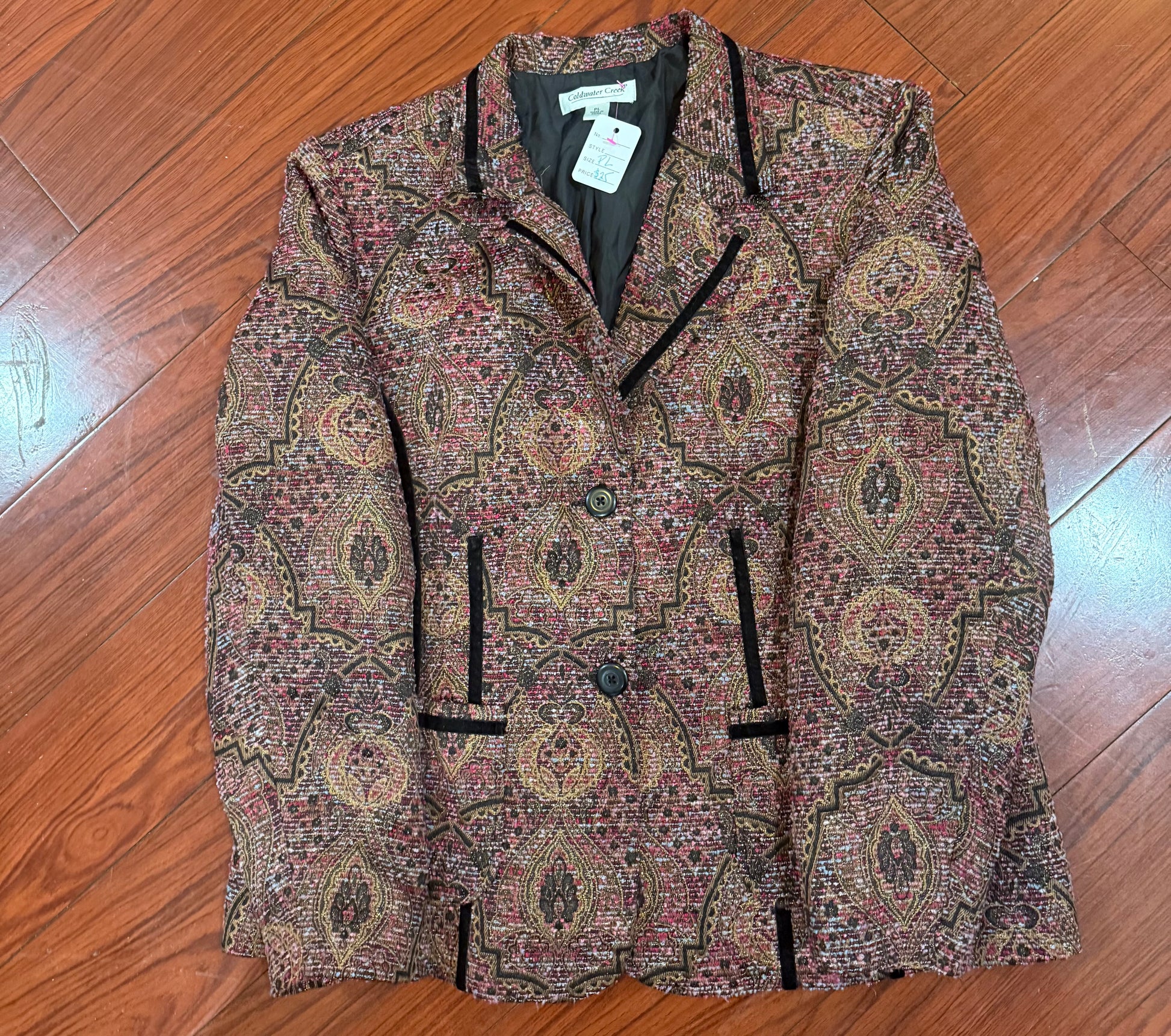 Crop Waist Pink Print with Velvet Trim Blazer