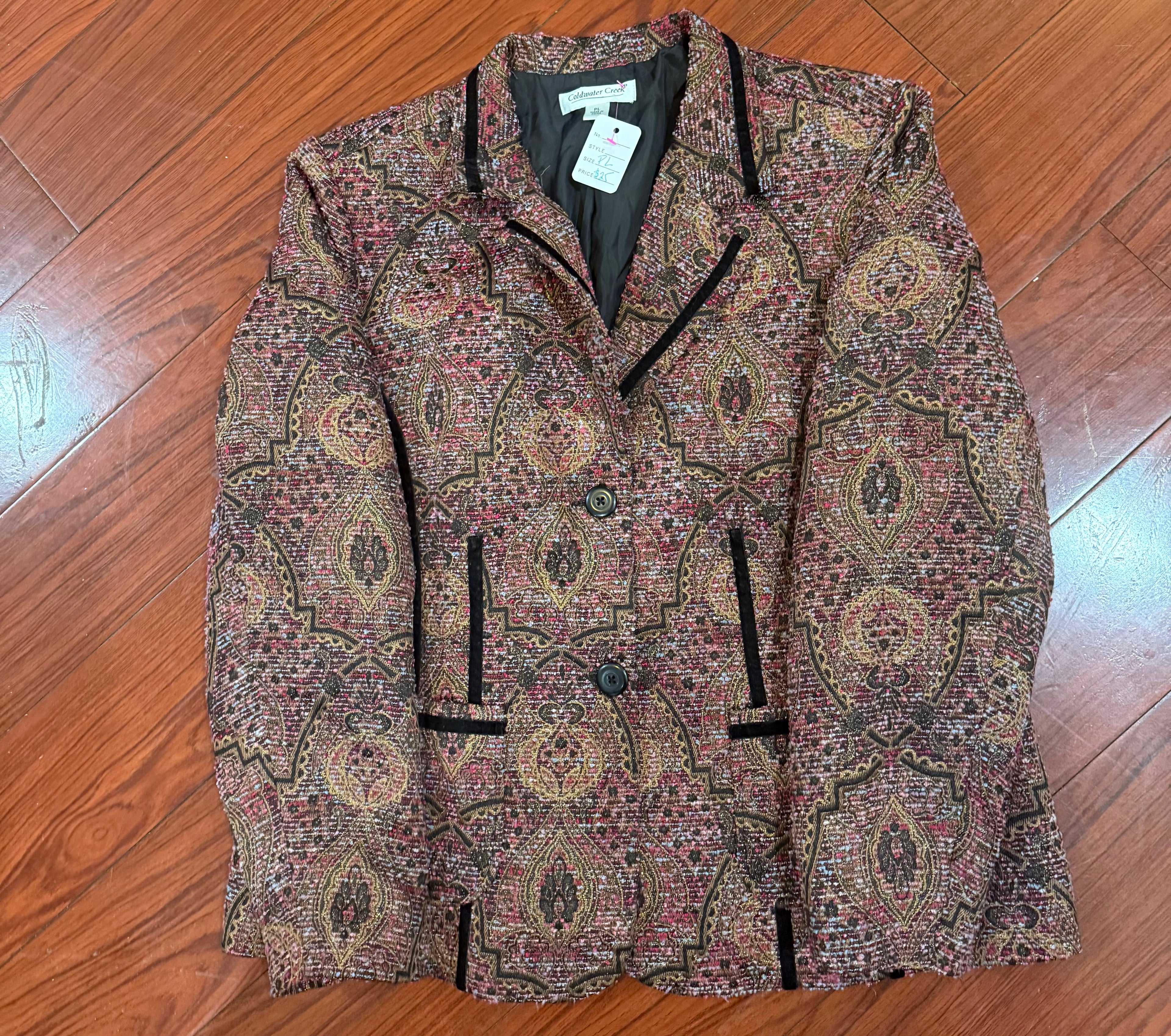 Crop Waist Pink Print with Velvet Trim Blazer