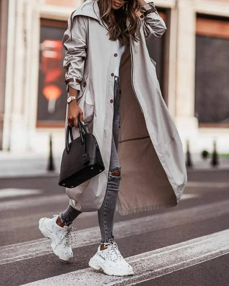 Breasted pocket design belted hem trench coat
