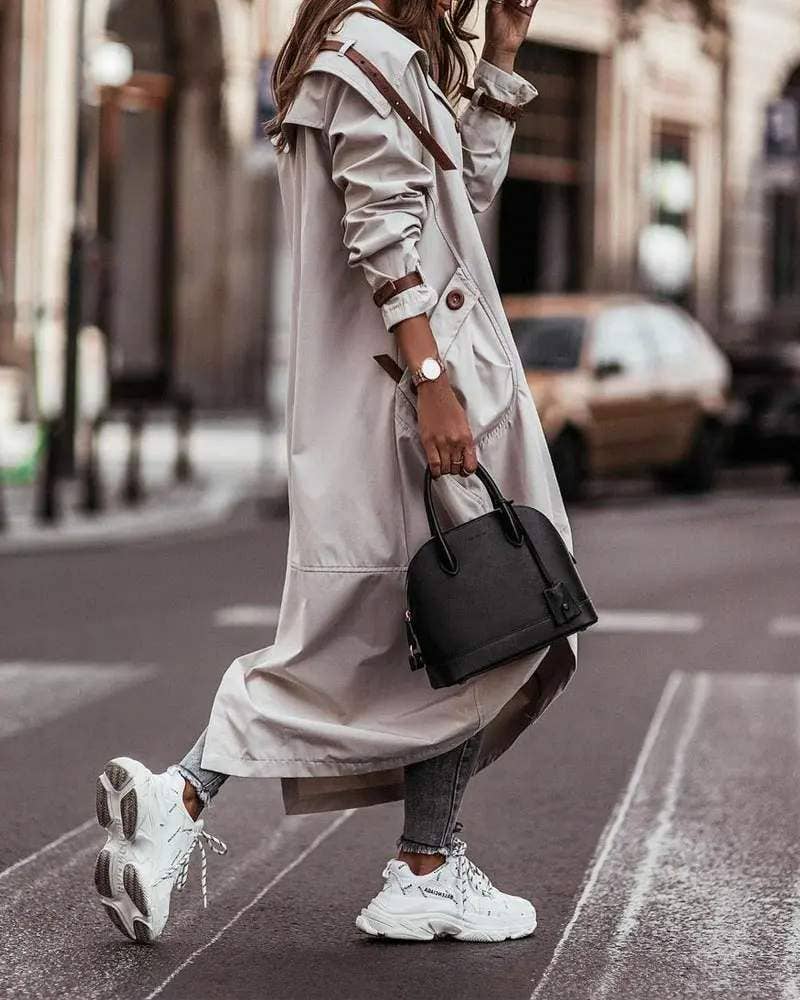 Breasted pocket design belted hem trench coat